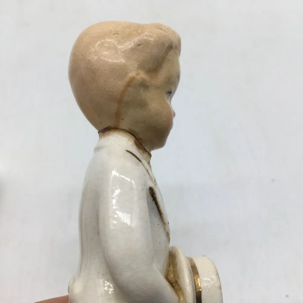 Vtg Porcelain Bride and Groom Wedding Topper White Gold 5” Japan READ Distressed